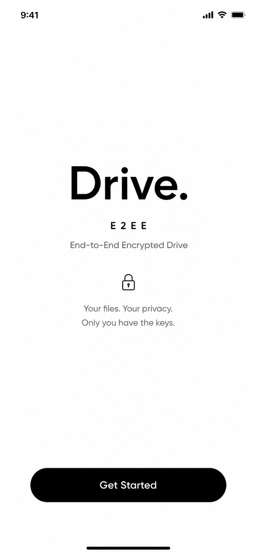 Drive Dot encrypted cloud storage app interface showing file list and encryption status